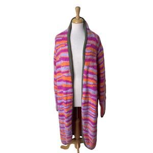 FREE PEOPLE Pink Striped Tiger Knit Duster with Green Trim Size Large